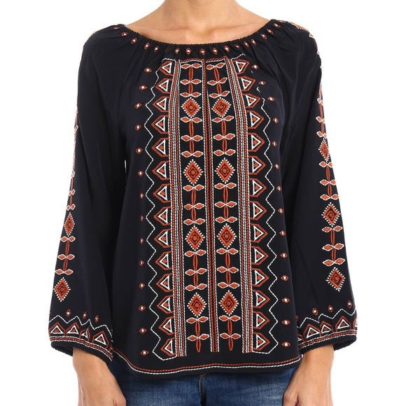 Tory Burch Jessie Black Silk Blouse with Orange Embroidery - Picture 1 of 11